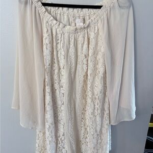 Flying Tomato Cream Lace off shoulder sheer sleeves mini dress or top size Large